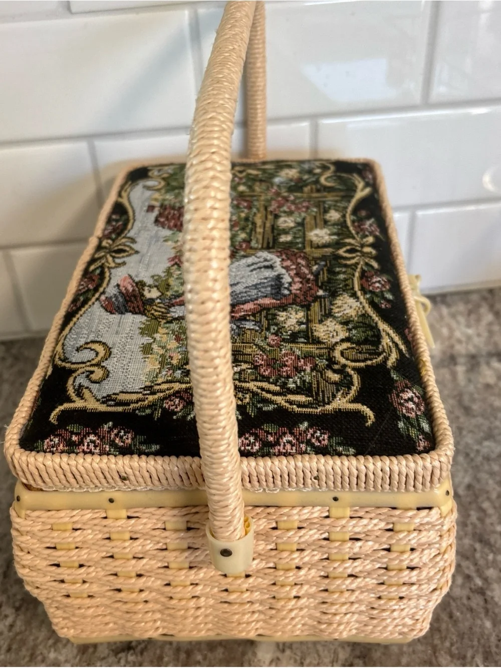 Vintage Azar Sewing Basket Tapestry, Wicker- Full Of Sewing Supplies- W/ Handle